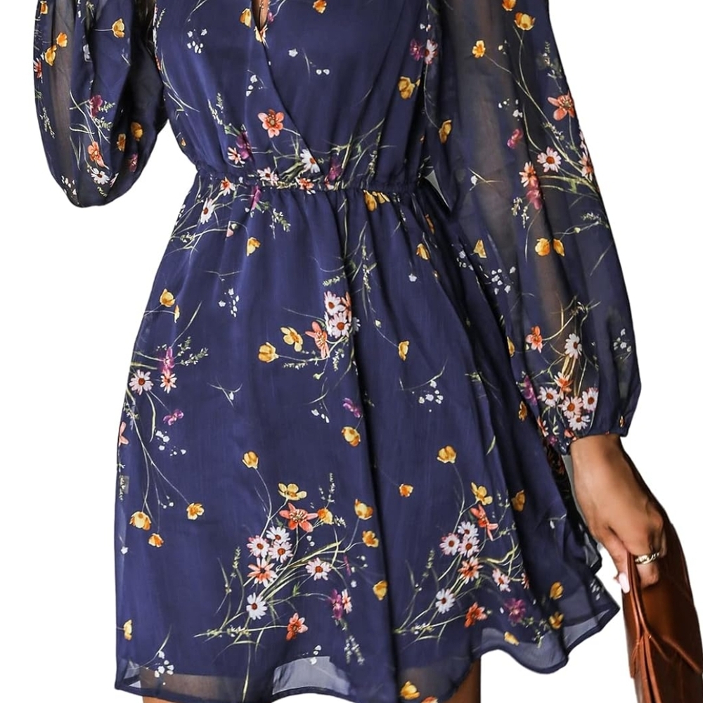 Cupshe Blue Smocked Mini Dress with Bishop Sleeves for Cocktail